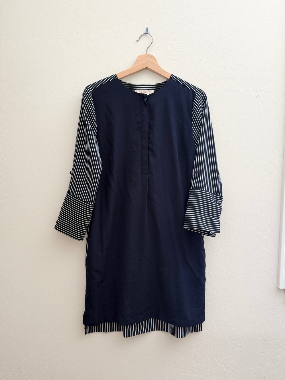 Ann Taylor LOFT Navy Blue Striped Shirt Dress